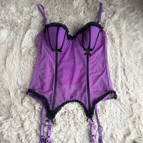 Victoria's Secret Tops - VS Sexy Little Things Purple Polka Dot Mesh Corset w/ Lace Trim & Bows